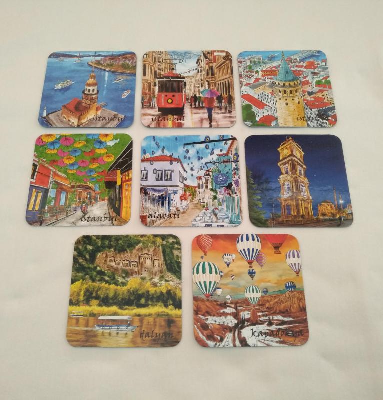 Giftsturkiye Bardak Altlığı Magnet Hediyelik İstanbul Türkiye 9,5x9,5 cm ( 8 adet )