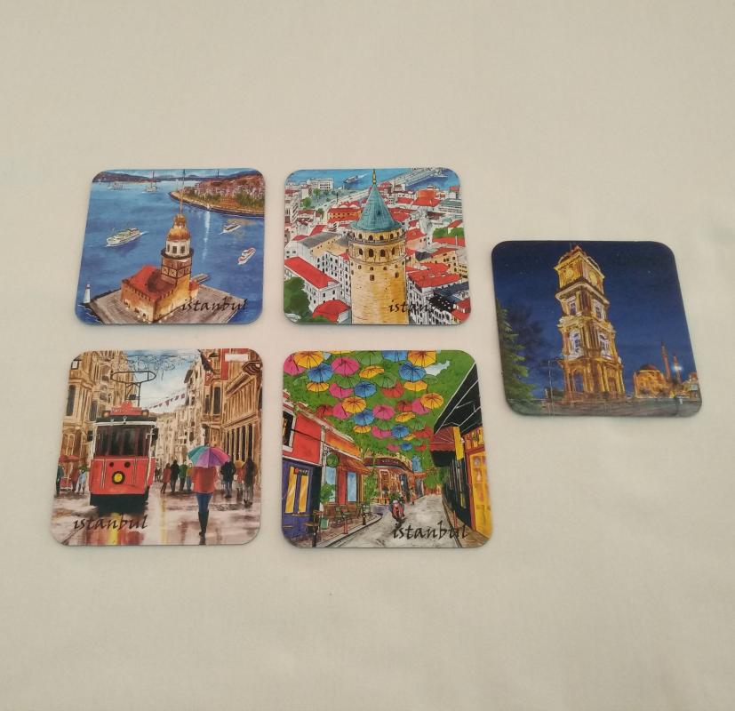 Giftsturkiye Bardak Altlığı Magnet Hediyelik İstanbul Türkiye 9,5x9,5 cm ( 8 adet )