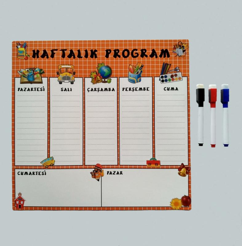 Giftsturkiye Haftalık Program Planlayıcı Okul - Silinebilir Mıknatıslı Yazı Tah. (33x32cm) + 3 Kalem