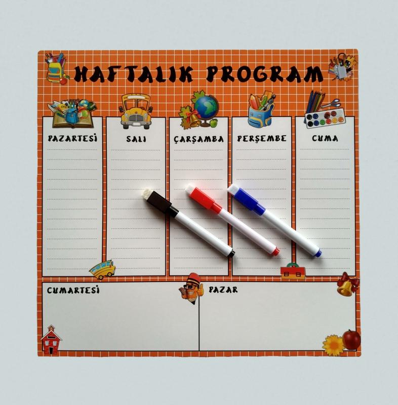 Giftsturkiye Haftalık Program Planlayıcı Okul - Silinebilir Mıknatıslı Yazı Tah. (33x32cm) + 3 Kalem