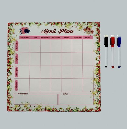 Giftsturkiye Menu Planı Çiçekli Planlayıcı - Silinebilir Mıknatıslı Yazı Tahtası (33x32cm) + 3 Kalem